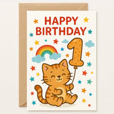 1st Birthday Card Cute Cat – Rainbow and Stars - Greeting Card